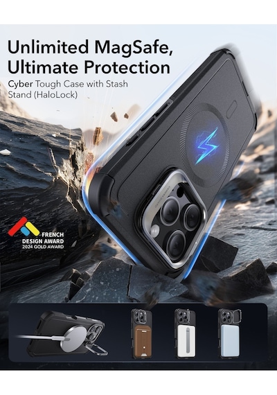 Esr Apple Uyumlu iPhone 16 Pro Kılıf Cyber Tough Halolock Magsafe Stantlı Silikon Gri