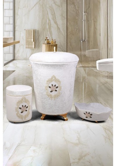 Shems Krem 3'lü Çeyizlik Banyo Kirli Çamaşır Sepeti Seti Krem