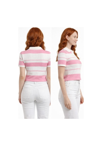 Neden Tekstil Çizgili Polo Yaka Düğmeli Triko Crop Bluz - Pembe