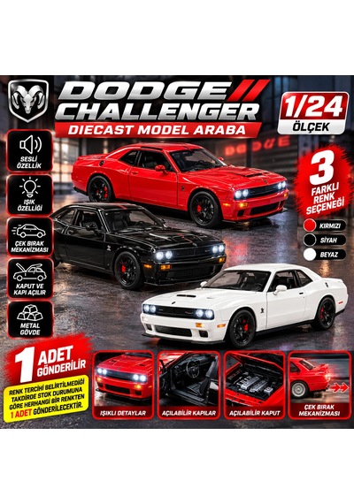 Dodge Challenger 1/24 Ölçek Sesli Işıklı Metal Model Araba Çek Bırak Mekanizmalı 1 Adet