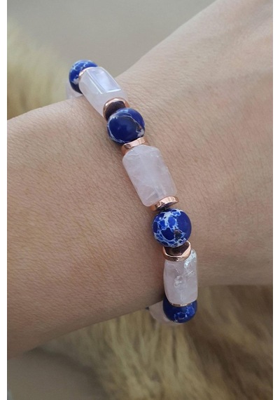 Pembe Kuvars, Lapis Lazuli Hematit Taşlı El İşi Tasarım Doğal Taş Bileklik Gümüş