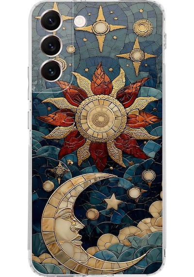 Printify Samsung Galaxy S22 Plus İle Uyumlu Vitray Sol Ve Luna Tasarımlı Şeffaf Silikon Kılıf Şeffaf