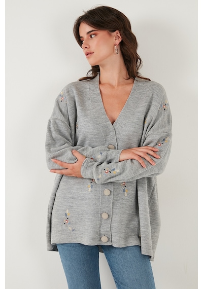 Lela Çiçek Işlemeli Oversize Fit V Yaka Düğmeli Bayan Hırka 4616191 Açık Gri