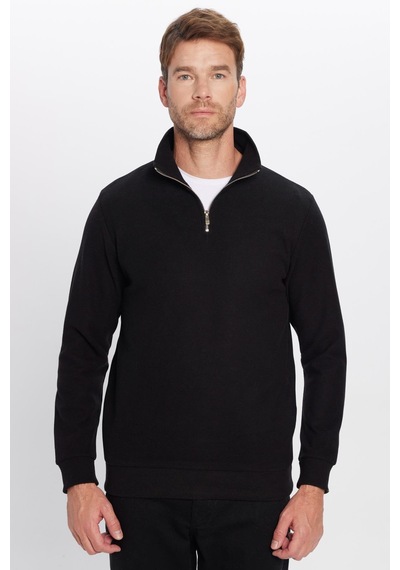 Tudors Unisex Relax Fit Rahat Kesim Pamuklu Yarım Fermuarlı Siyah Dik Yaka Sweatshirt-31973 Siyah