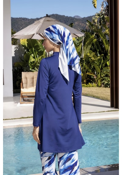 Mayom Bol Pantolonlu Tam Kapalı Desenli Tesettür Mayo - 2534 Lacivert-beyaz