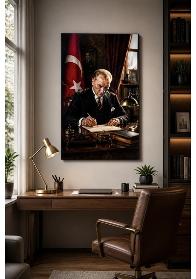 Atatürk Çalışma Masasında Baskılı Cam Tablo Uv Baskı Dekoratif Duvar Tablosu