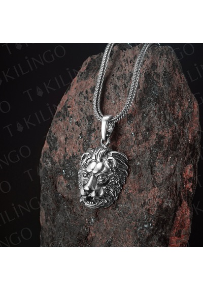 Takılingo 925 Ayar Gümüş Küçük Boy 3d Aslan Motifli Beyaz Erkek Kolye Gümüş