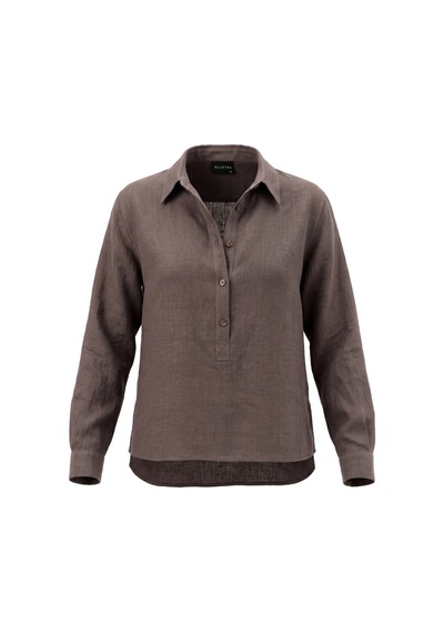 Goffra Kadın Solo %100 Doğal Keten Gömlek - Klasik Yaka Basic Minimalist Tasarım Kahverengi W208-k0401-02