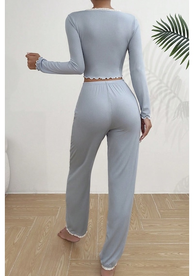 Merry See Önden Düğmeli Uzun Kollu Şık Pijama Takımı Mavi