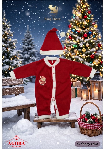 Kingshark King Shark Kız Bebek Noel Baba Yılbaşı Kostümü, Şapkalı Kırmızı Yeni Yıl Tulum Seti