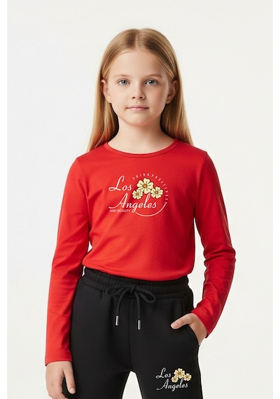 Fyk Kids Yuvarlak Yaka Los Angeles Baskılı Kız Çocuk Alt-üst Takım Kırmızı