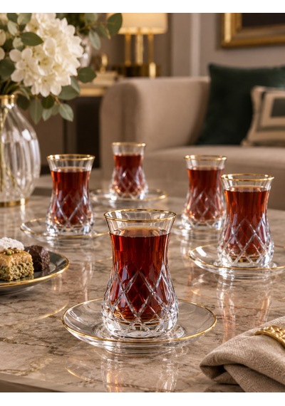6 Kişilik 12 Parça Şangay Çay Takımı-7689 Şeffaf