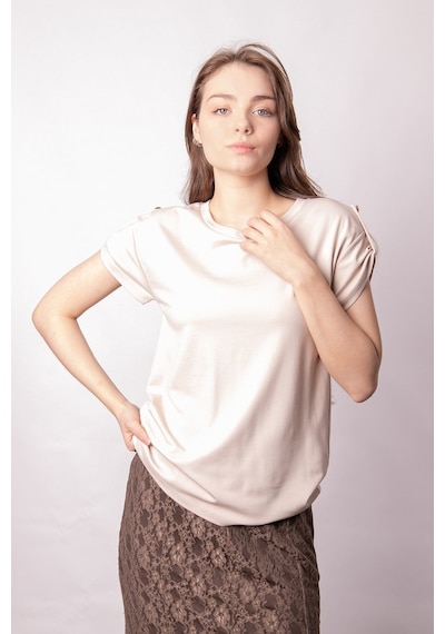 Kadın Modal Penye Geniş Sıfır Yaka Düşük Omuzlu Apoletli Kısa Kol T-shirt Bluz-bej Bej