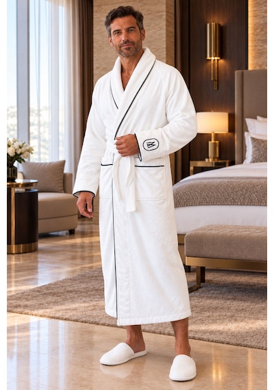 Varol Elegant Monogram Beyaz Erkek Bornoz Yüksek Gramajlı, Uzun Kesim, Şal Yaka