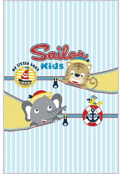 Mavi Kaymaz Tabanlı Yıkanabilir Denizci Bebek Halısı Ar026n11
