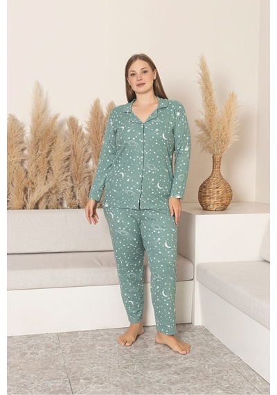 Büyük Beden Bordo Kalp Desen Ultrasoft Uzun Kollu Pijama Takımı Yeşil