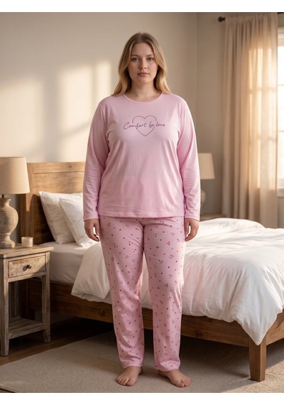 Pijamoni Battal Milan Uzunkol Pijama Takım 7666 Pembe