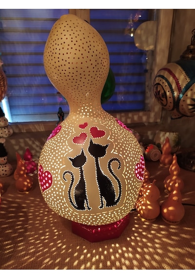 Kalpli Aşık Kediler Desenli Su Kabağı Lamba