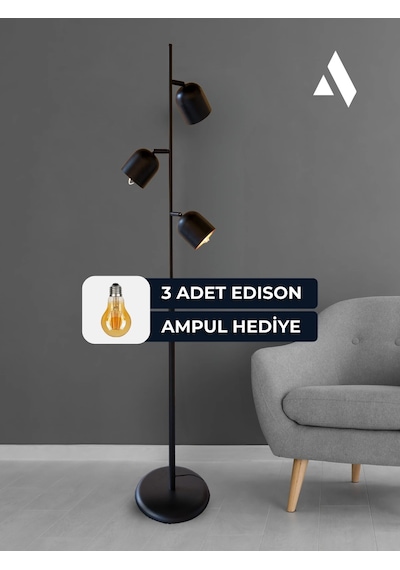 Horion Siyah Metal Lambader 3 Başlıklı, Ayarlanabilir Modern Lambader Ev Ve Ofis İçin Dekoratif Aydınlatma Gold Siyah
