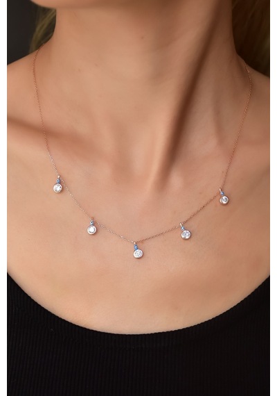 Papatya Silver 925 Ayar Gümüş Rose Kaplama Mineli Gözlü Yuvarlak Zirkon Taşlı Sallantılı Kolye