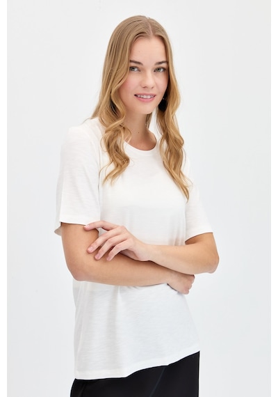 Kadın Sıfır Yaka Flamlı Kumaş Penye Tshirt Ekru Ekru
