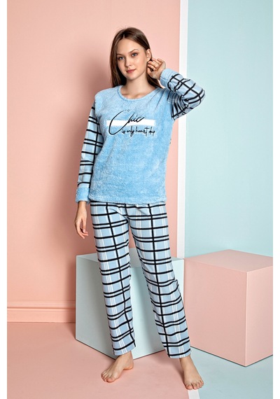 Nisanca Kışlık Kadın Polar Pijama Takımı - Yılbaşı Pijaması mavi