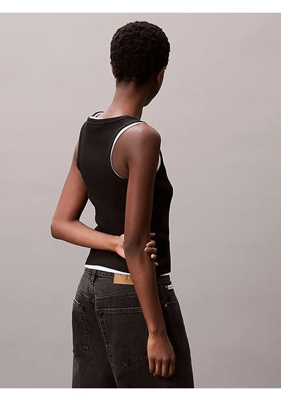 Calvin Klein A - Woven Label 2x2 Cotton Rıb T Siyah Kadın Tişört