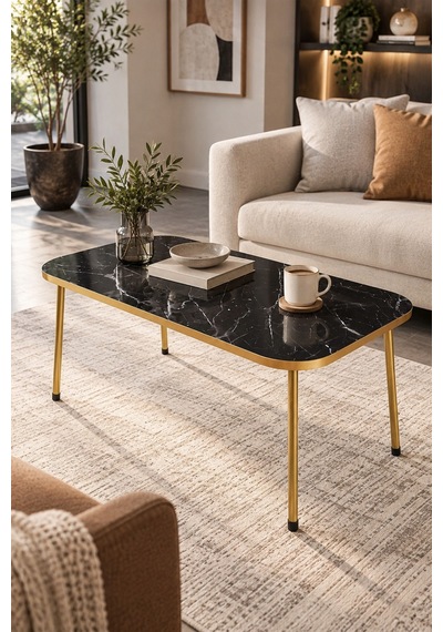 Sulorahome Gold Ayaklı Mermer Desenli Siyah Orta Sehpa 90x50 Cm Altın - Siyah