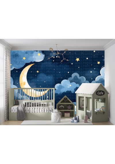 Suluboya Bulutlar Ay Ve Gece Çocuk Odası Poster Duvar Kağıdı