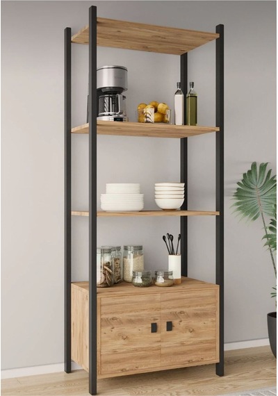 Çok Amaçli Tek Dolapli Iki Rafli Ünite Siyah Profil Çam Sunta 53x30x150 Cm Siyah - Çam