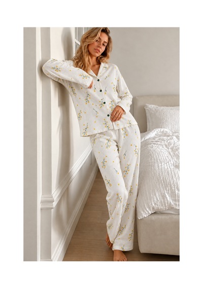 Fit Women Kadın Gömlek Yaka Düğmeli Ekru Pijama Takımı