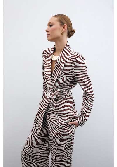 Sateen Kuşaklı Zebra Ceket - Kahve-135433 Kahve