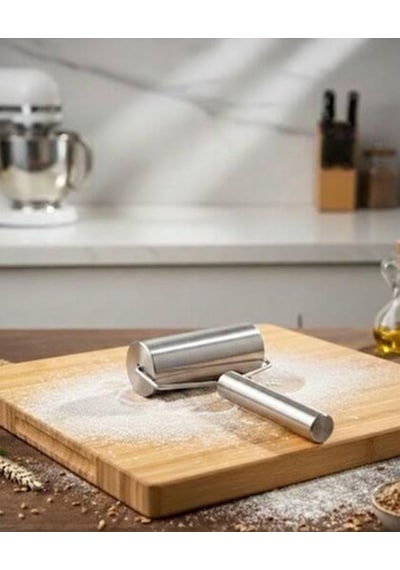 Paslanmaz Çelik Saplı Rulo Hamur Açıcı Merdane Oklava Pizza Börek Açma Rulo Silindir