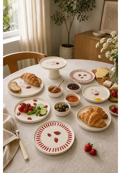 Vita Berry 11 Parça 6 Kişilik Stackable Seramik Tabak Seti Sunum & Kahvaltı Takımı Ayaklı Sunum Standlı Kahvaltı Takımı Beyaz