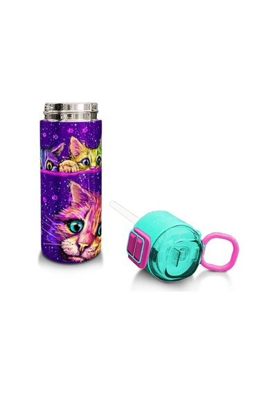 Coral High Kids Mor Pembe Kedi Desenli Pipetli Ve Direkt İçim Çelik Termos 500 Ml 31939 Mor - Açık Pembe