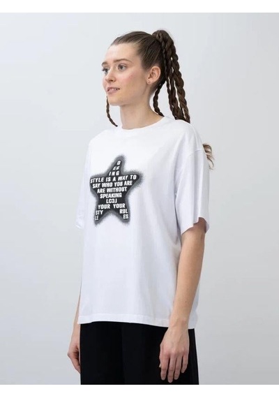 Zekids Kız Çocuk Yıldız Harf Baskılı Oversize T-shirt-15532 Beyaz Siyah