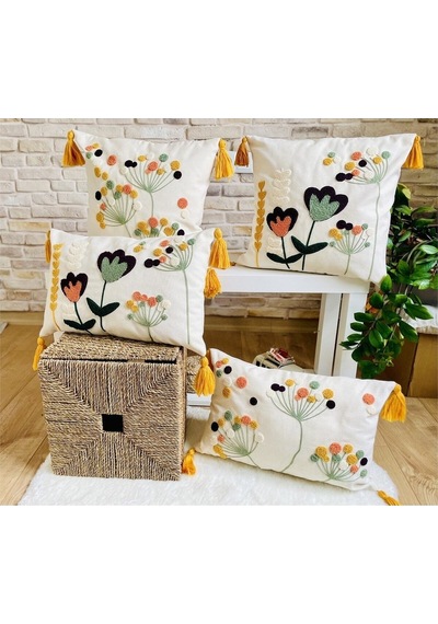 Swita Home 4'lü Kombin Punch İşlemeli Kırlent Kılıfı Panç Sarı - Beyaz