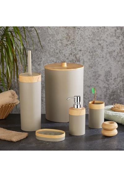 5 Parça Lüx Bambu Görünümlü Banyo Seti 10 Litre Çöp Kovası Ve Antibakteriyel Tuvalet Fırçası Krem Diğer