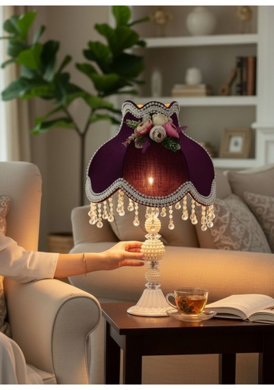 Mürdüm Kadife 3d Çiçek Dekorlu Gece Lambası Abajur 50x30cm Ab0025p