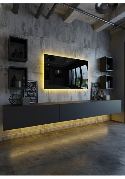 Resital Duvara Monte Ledli 270 Cm Tv Ünitesi Duvar Raflı - Ll6023 Antrasit