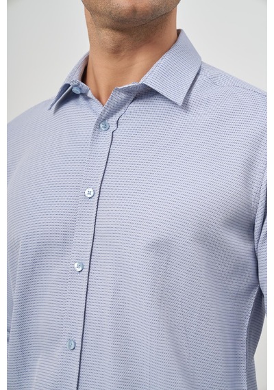 İmza Koyu Mavi Uzun Kol Kendinden Desenli Armürlü Sert Yaka Cepsiz Pamuklu Classic Slim Fit Gömlek 1004245161 Koyu Mavi