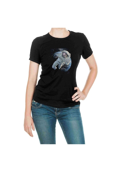 Astronot Dünyadan Uzaya Yolculuk Baskılı Siyah Kadın Tshirt