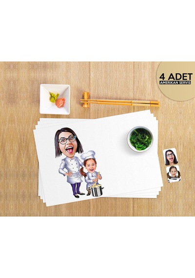 Bk Gift Kişiye Özel Anne Kız Chef Karikatürlü 4 Adet Amerikan Servis Seti Çok Renkli