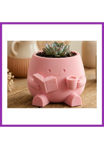 Bezos 3d Baskı Kitap Okuyan Saksı - Kupa Tutan Sevimli Saksı-pembe Bty Standart