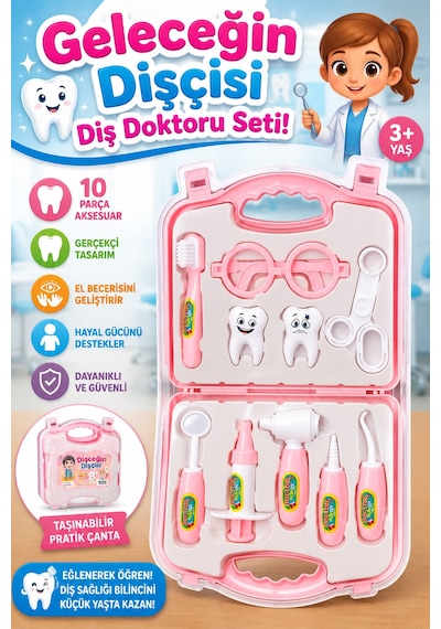 Eğitici Çantalı Oyuncak Dişçi Seti 10 Parça Kız Çocuk Diş Doktoru Oyun Seti 3+ Yaş 73501827