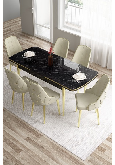 Canisa Concept Tia Serisi 80x132 Mdf Açılabilir Siyah Mermer Desen Gold Detay Masa Takımı Ve 6 Krem Sandalye Masa Siyah Mermer Desen Sandalye Krem Canisa Concept Tia Serisi 80x132 Mdf Açılabilir Siyah Mermer Desen Gold Detay Masa Takımı Ve 6 Krem Sandalye Masa Siyah Mermer Desen Sandalye Krem