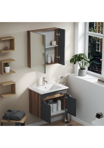 Aqua Bagno Luvi Alt Dolap + Üst Dolap -lavabo Dahil-65 Cm.-3 Parça Antrasit Gri - Atlantik Çam Aqua Bagno Luvi Alt Dolap + Üst Dolap -lavabo Dahil-65 Cm.-3 Parça Antrasit Gri - Atlantik Çam