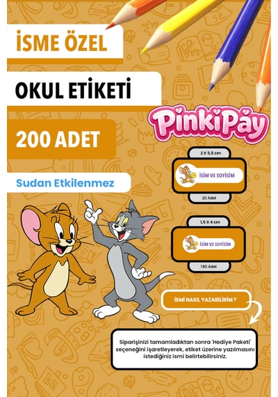 İsim Yazılabilir Tom And Jerry Temalı Okul Etiketi Kalem & Defter İçin 200 Adet Çoklu