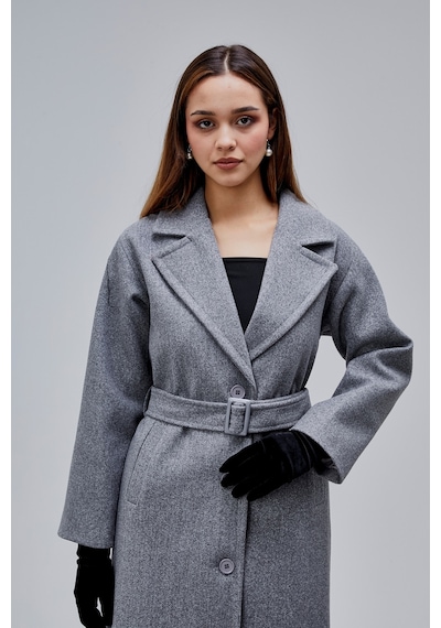 Gri Premium Oversize Kemerli Kaşe Kaban Gri