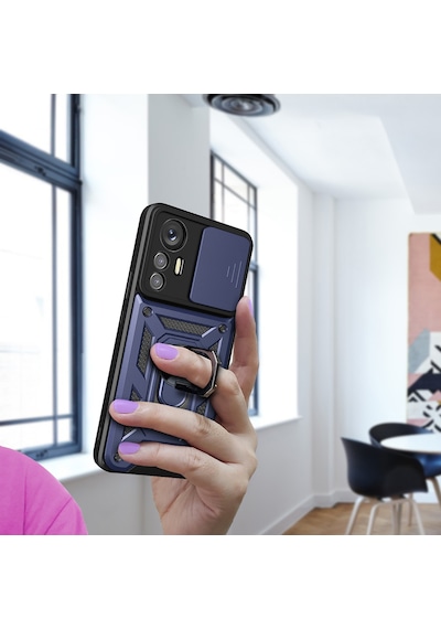 Mi 12 Lite Kılıf Magnetik Standlı Kamera Korumalı Mkst Sürgülü Vega Kapak - Mavi Mavi